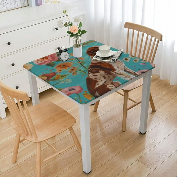 HAOXIT Brittany Spaniel Dogs Lovers Easter Green Flower Floral Animal Dog Rectangle Tablecloth Washable Fabric Table Cover For Square Kitchen Dining Decor Party Picnic Print Tablecloths 54''x54''