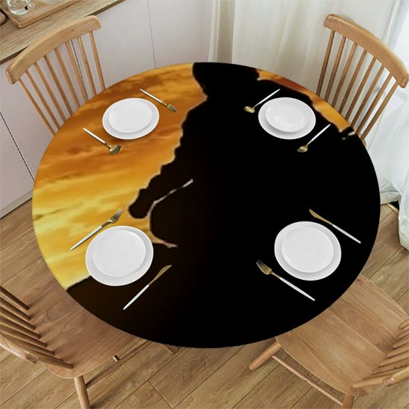 HAOXIT Bull Rider Table Cloth Round Table , Western Cowboy Sunset Wipeable Table Cover for Dinner Kitchen, Outdoor Tablecloth for Party Banquets Weddings 31-35