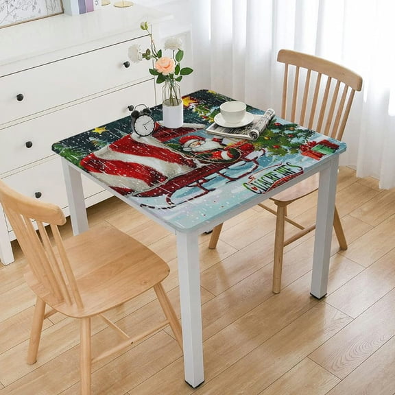 HAOXIT Camping Christmas Tablecloth Christmas Vintage Travel Poster with Travel Trailer in Winter Forest Dining Room Kitchen Decoration Rectangular Table Cover 44''x44''
