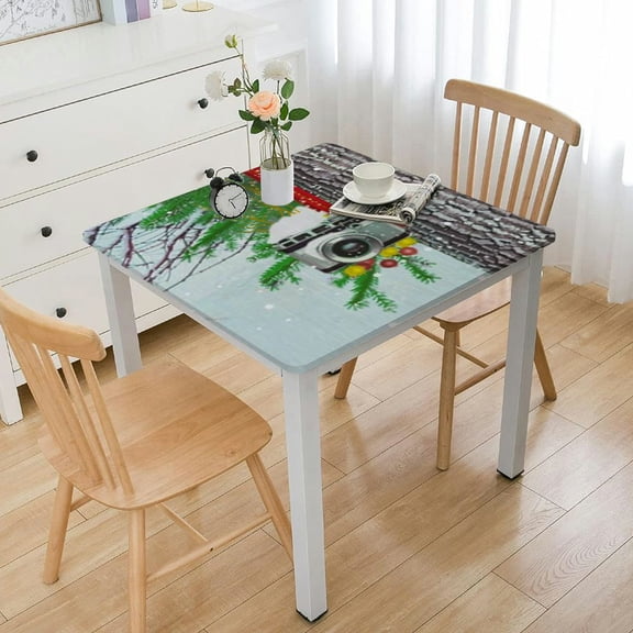 HAOXIT Camping Christmas Tablecloth Christmas Vintage Travel Poster with Travel Trailer in Winter Forest Dining Room Kitchen Decoration Rectangular Table Cover 48''x48''