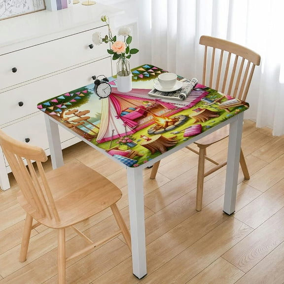 HAOXIT Camping Theme Pink Tablecloths Decoration Waterproof Rectangle Cute Table Covers for Kids Girls Birthday Party Hiking Picnic Party Supplies 44''x44''