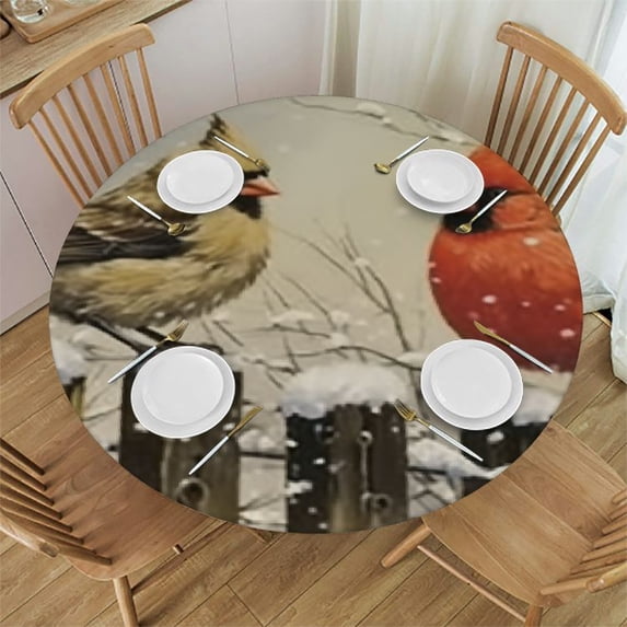 HAOXIT Cardinal Birds Round Fitted Tablecloth with Elastic Edge, Winter Holly Berry Table Cover Waterproof Wipeable Table Cloths for Round Tables, Ideal for Picnic Patio, Fits Round Tables 42-46