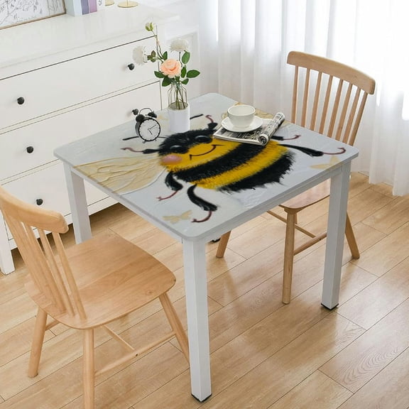 HAOXIT Cartoon Bee Square Fitted Tablecloth Sweet Honey Blooming Flowers Leaves Tree Elastic Edge Tablecloth Waterproof Oilcloth Table Cover 36*36