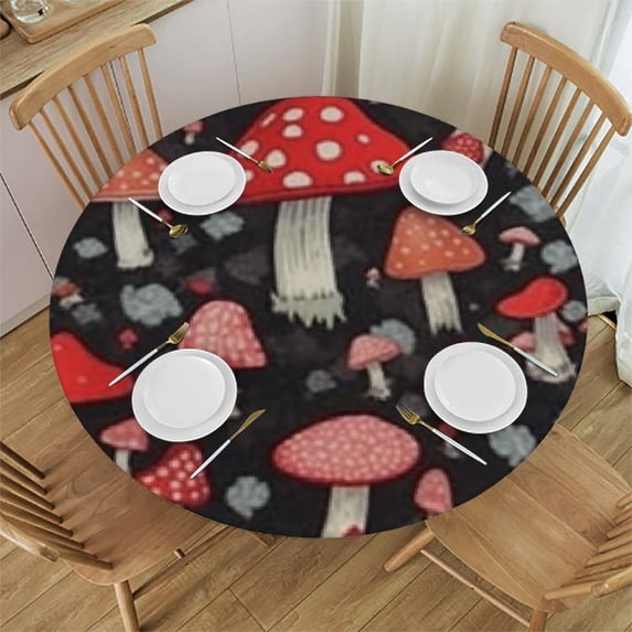 HAOXIT Cartoon Forest Red Mushrooms Round Tablecloth ,Stain Resistant Washable Polyester Table Cloth with White, Non Slip Decorative Table Cover for Restaurant Dining Table Camping 46-50