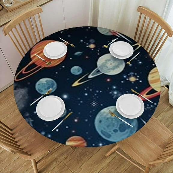 HAOXIT Cartoon Outer Space Tablecloth, Kids Cute Galaxy Universe Cosmos Rocket Star Moon Space Graffiti Print Table Cover for Holiday Kitchen Dinning Outdoor Indoor 54-58