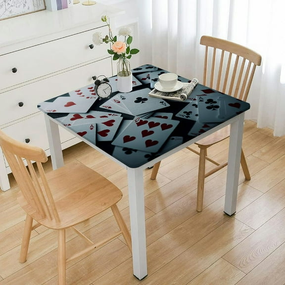 HAOXIT  Casino Square Tablecloth, Realistic Style Random Scattered Playing Cards Leisure Time Hobby Games, Circle Table Cloth Cover for Dining Room Kitchen Decoration 44''x44''