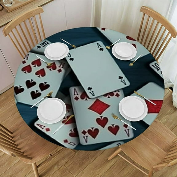 HAOXIT Casino Tablecloth, Abstract Background with Playing Cards Attractions,Round Table Cover for Dining Room Kitchen Decor
