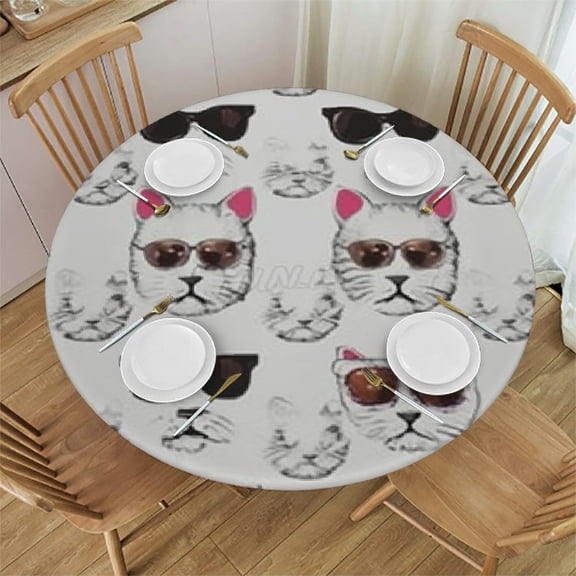 HAOXIT Cat Tablecloth, Cool Hipster Cat with Sunglasses Funny Faces Humor Characters Doodle, Dining Room Kitchen Round Table Cover