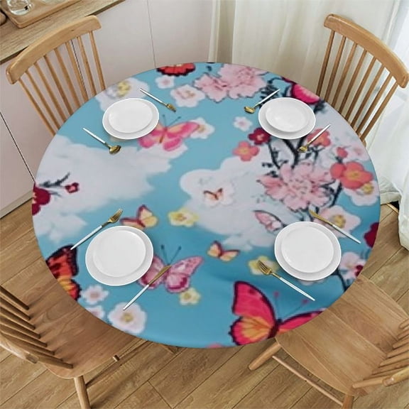 HAOXIT Chinese Tablecloth, Spring Flower with Birds and Butterflies Sky Scenery Charm Print, Round Table Cover for Dining Room Kitchen Decor