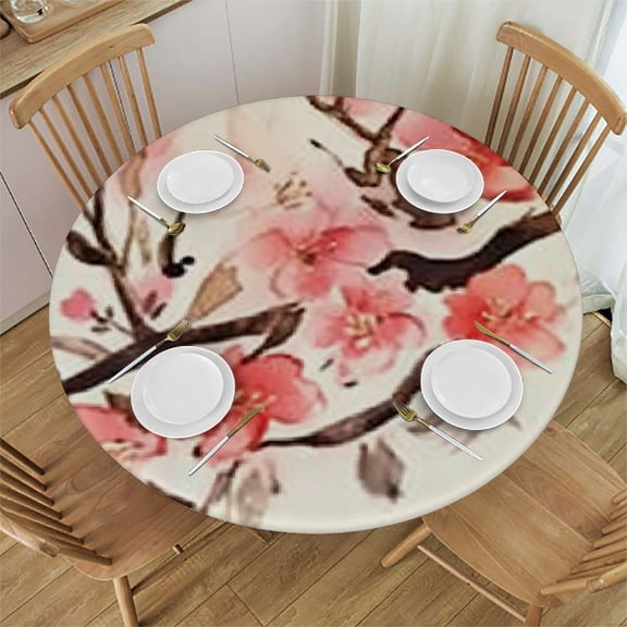 HAOXIT Chinese Tablecloth, Traditional Chinese Paint of Figural Tree with Details Effects Print, Round Table Cover for Dining Room Kitchen Decor
