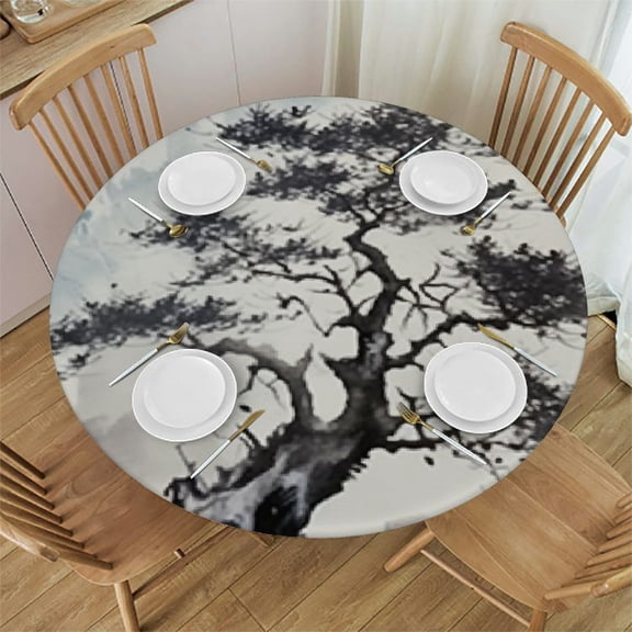HAOXIT Chinese Tablecloth, of Pine Tree Landscape on Hill Mountain with Rough Blasts, Round Table Cover for Dining Room Kitchen Decor