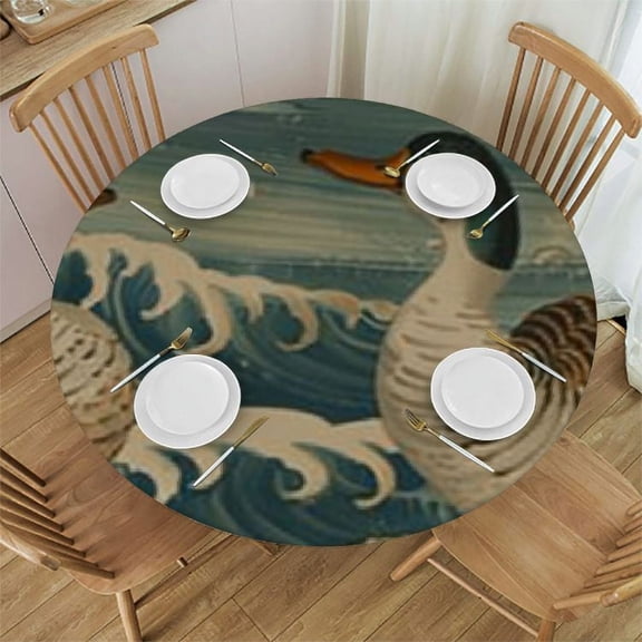 HAOXIT Chinoiserie Garden Round Tablecloth Bantam Duck Asian Table Cloth Round Cover Waterproof Washable Table Decor for Gatherings Restaurants Kitchens Banquets 42-46