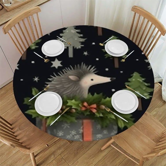 HAOXIT Christmas Hedgehogs Gift Table Cloth Round Reusable Tablecloth Waterproof Outdoor Tablecloth Table Cover for Kitchen Party Picnic Dining Decor 42-46