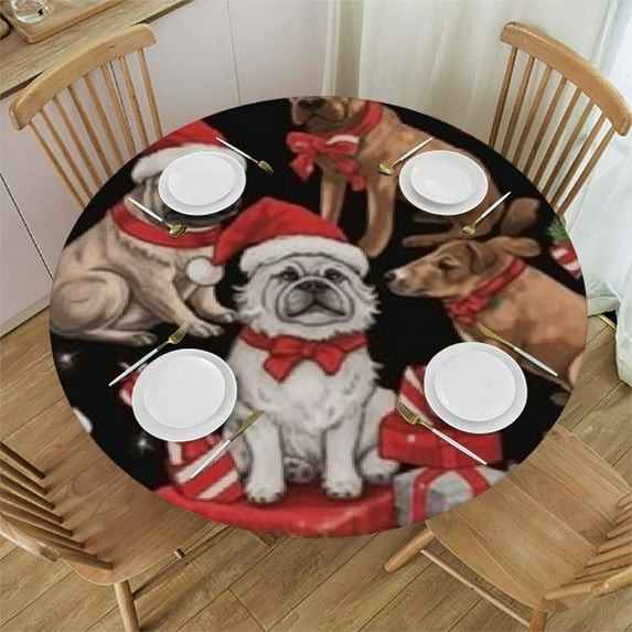 HAOXIT Christmas Pug Dog Table Cloth Waterproof Round Tablecloth Washable Table Cover for Kitchen Outdoor Party Wedding 54-58