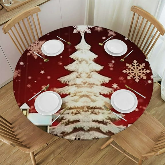 HAOXIT Christmas Round Elastic Fitted Tablecloth, Winter Holidays Theme with Trees and Artwork Print, for Kitchen Dinning Tabletop Outdoor Picnic, Fits Round table, Red White 31-35