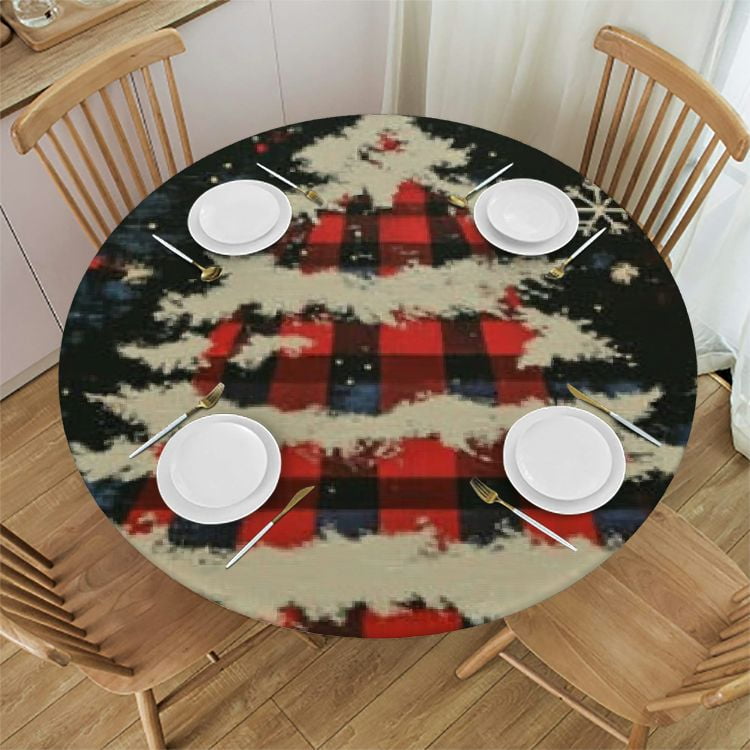 HAOXIT Christmas Round Fitted Tablecloth with Elastic, Buffalo Plaid Round Table Cloth Christmas