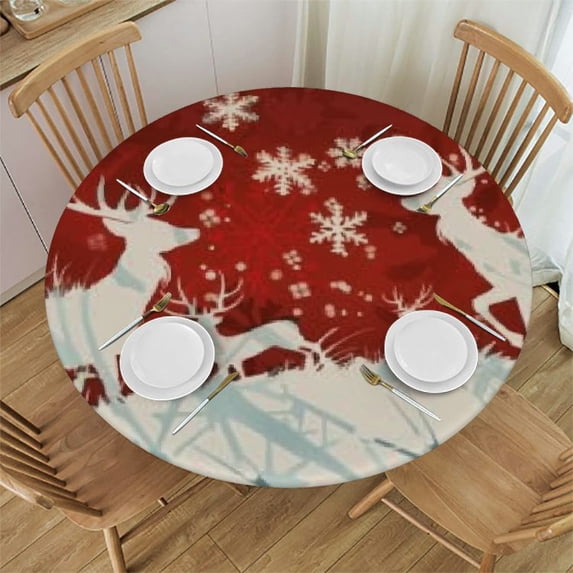 HAOXIT Christmas Snowflake Decoration Round Fitted Tablecloth with Elastic Edge, Santa Claus Round Table Cover, Waterproof Non Slip Table Cloth for Pattry Indoor Outdoor 54-58