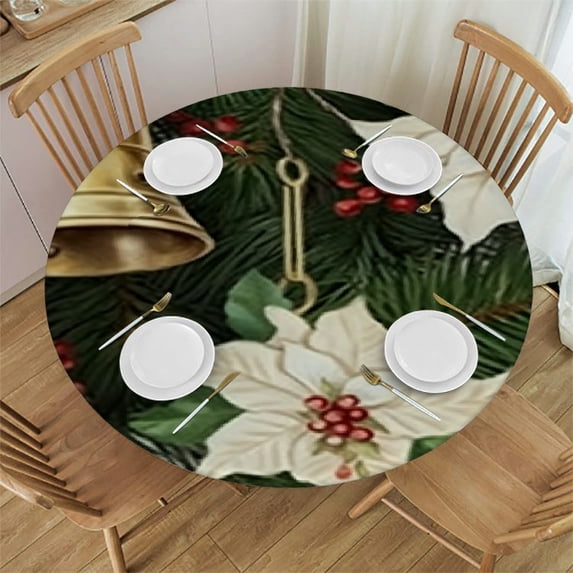 HAOXIT Christmas Snowflake Round Fitted Tablecloth with Elastic Edge,Christmas Elk Round Table Cover,Waterproof Non Slip Table Cloth for Pattry Indoor Outdoor 54-58
