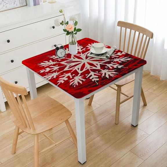 HAOXIT Christmas Square Fitted Tablecloths, White Red Pattern Print Elastic Edge Table Cover, Waterproof Stain Resistant Square Clothes for Living Room Kitchen Use, Fits Square Table 40*40