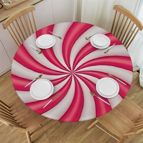 HAOXIT Christmas Swirl Candy Sugar Red White Cute Round Fitted Table Covers Elastic Edge Circle Tablecloth for Dining Party Holiday Fits Round Table 42"-46