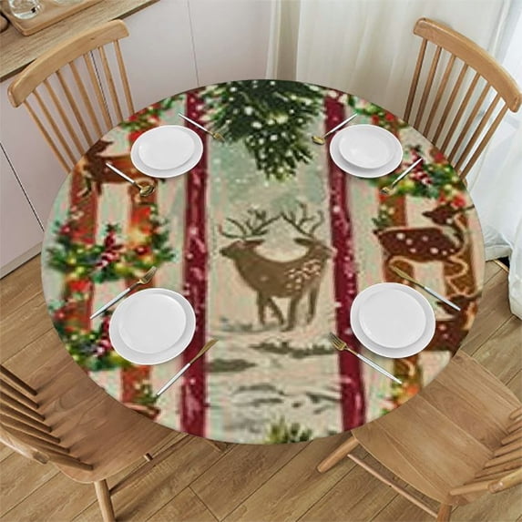 HAOXIT Christmas Tablecloth, Chinese Style Lettering Merry Christmas Deer Pines Stars Border Lines, Round Table Cover for Dining Room Kitchen Decor 54-58