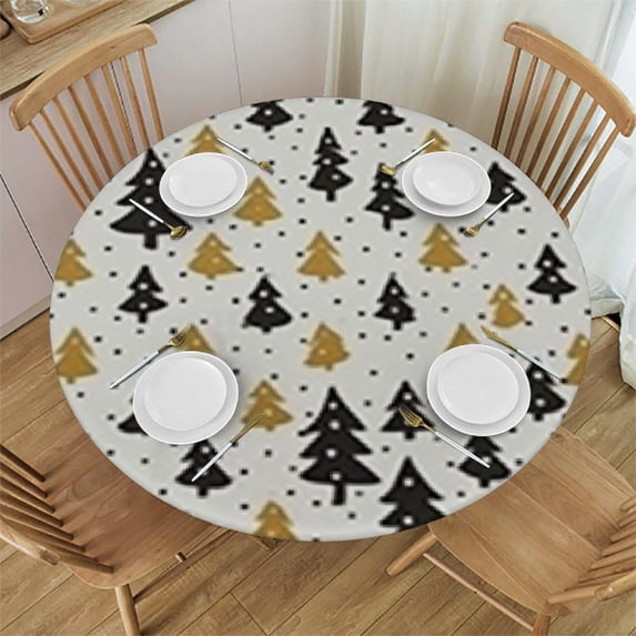 HAOXIT Christmas Tablecloth, Minimalist Seasonal Pattern Triangular Pine Tree Black Dots, Round Table Cover for Dining Room Kitchen Decor