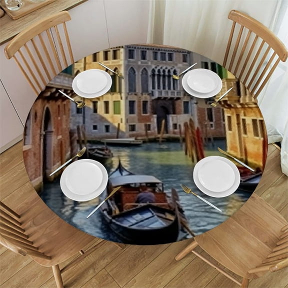 HAOXIT Cityscape Tablecloth, Canal in Venice Italy Landmark Historical Famous Holiday Destinations of World, Round Table Cover for Dining Room Kitchen Decor