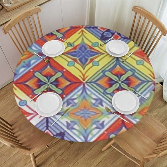 HAOXIT Classic Mexican Talavera Round Tablecloth Circle Table Cloth Cover Circular Tabletop Fabric for Outdoor Party Picnic 31-35