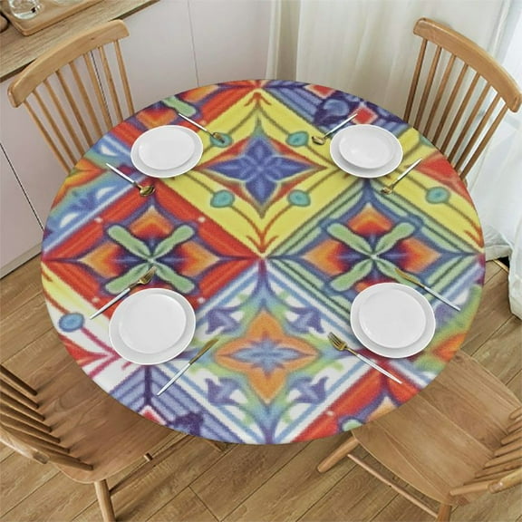 HAOXIT  Classic Mexican Talavera Round Tablecloth Circle Table Cloth Cover Circular Tabletop Fabric for Outdoor Party Picnic 42-46