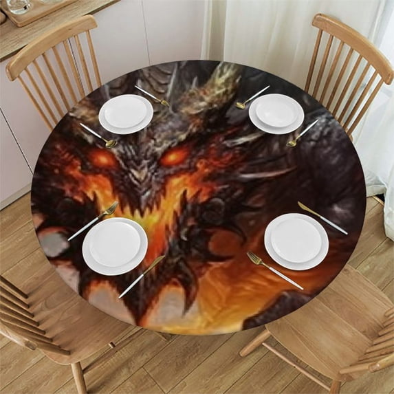 HAOXIT Cloth, of Headed Dragon Large Theme, Dining Use, round table,round fitted tablecloth with elastic