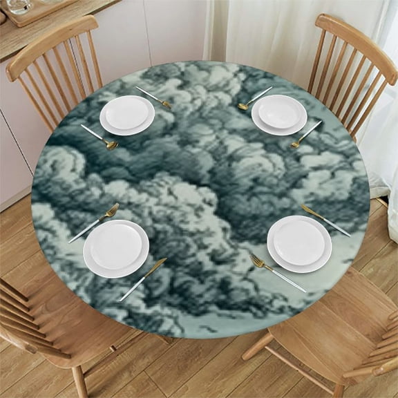 HAOXIT Cloud Tablecloth, Plane in The Sky Round Drawing Effect Image, Round Table Cover for Dining Room Kitchen Decor