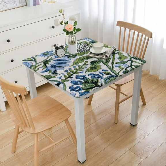 HAOXIT  Clover Blue  Square Fall Tablecloth, Handblock Floral Linen Table Cloth for Kitchen Dining Table I Parties Wedding Christmas Thanksgiving I Fall Home Decor  46*46