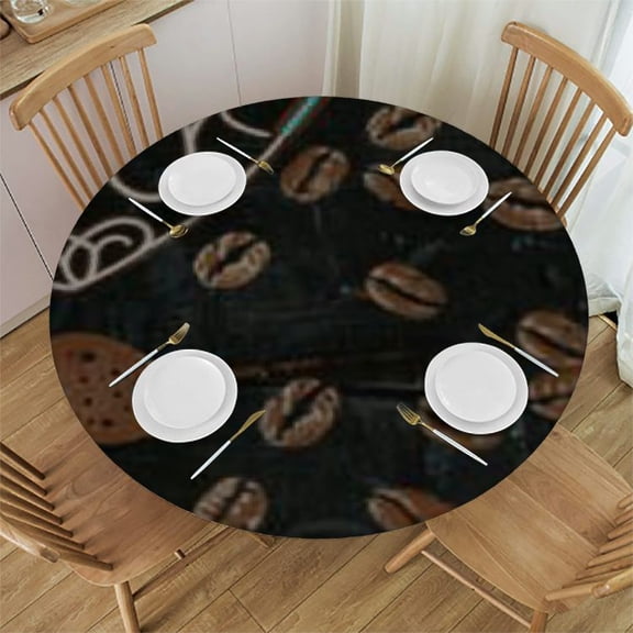 HAOXIT Coffee Theme Tablecloth Round, Durable Table Cover for Kitchen Dining Room, Holiday Tablecloth for Party Dinner 54-58