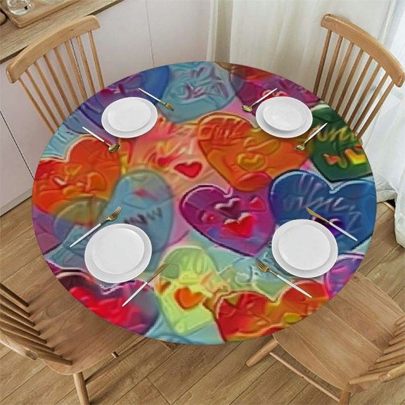HAOXIT  Colorful Candy Table Cloth,Hearts Love Round Tablecloth Decorative Fabric Table Cover for Dining Table, Buffet Parties 42-46