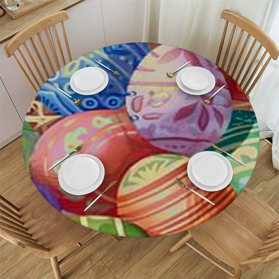 HAOXIT  Colorful Eggs Round Tablecloths for Circular Easter Table Cover Stylish Washable Polyester for Dining Table, Buffet Parties and Camping 31-35