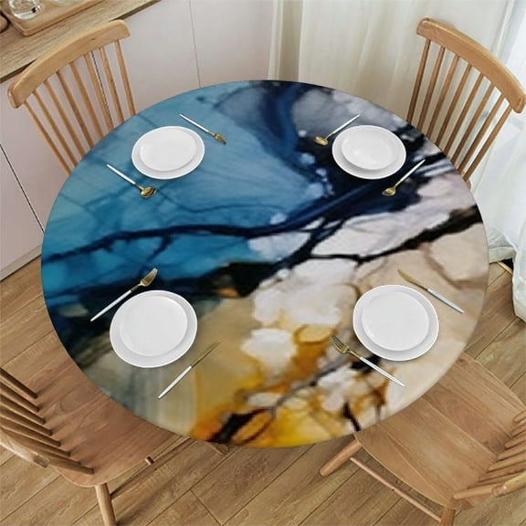 HAOXIT Colorful Ink Painting Tablecloth Cloud Gold White Marble Round Table Cloth Protector Proof Table Cover 38-42