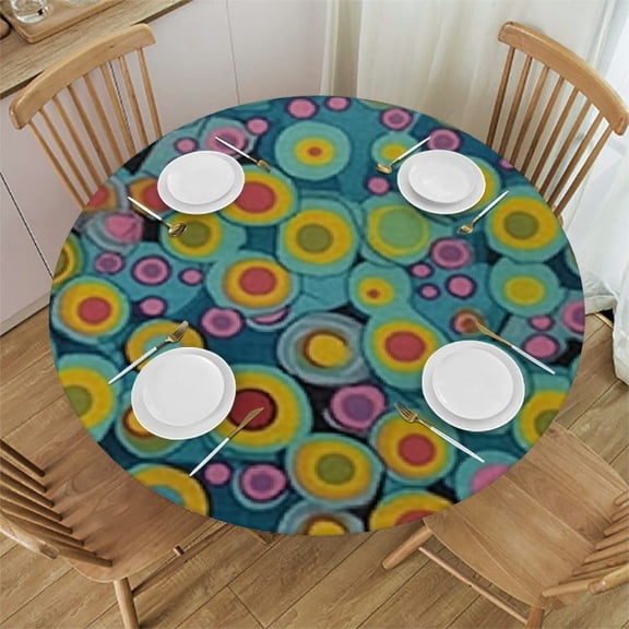 HAOXIT Colorful Tablecloth, Abstract Illustration Along Shapes on Geometric Blue Background, Round Satin Table Cover Accent for Dining Room and Kitchen