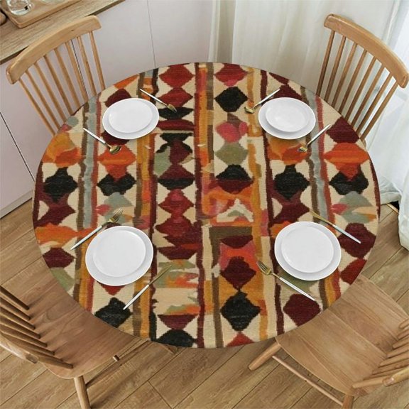 HAOXIT Colorful Tablecloth, Geometric Striped Repeating Cultural Pattern Aztec Inspired Vintage Shapes Print, Round Table Cover for Dining Room Kitchen Decor 54-58