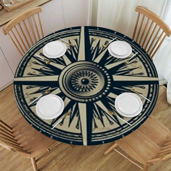 HAOXIT Compass Tablecloth, Compass Illustration with Lettering Nautical Themed Print, Round Table Cover for Dining Room Kitchen Decor