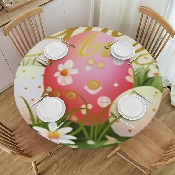 HAOXIT Cute Decor Round Fitted Tablecloth Egg Small Round Table Cover with Elastic Edge Wipeable Circle Table Cloths for Party Patio Kitchen Decor Fit for Round Table 31-35