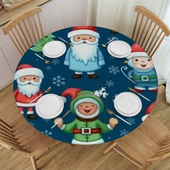 HAOXIT Cute Gnome Trees Table Cloth Round Cartoon Christmas Reusable Waterproof Outdoor Table Cover for Kitchen Party Picnic Dining Decor 31-35