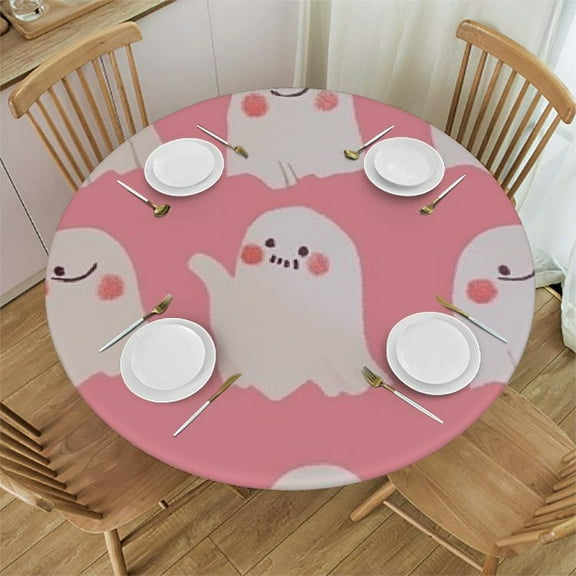 HAOXIT Cute Pink Ghost Pumpkin Table Cloth Halloween  Waterproof Round Tablecloth Washable Table Cover for Kitchen Outdoor Party Wedding 31-35