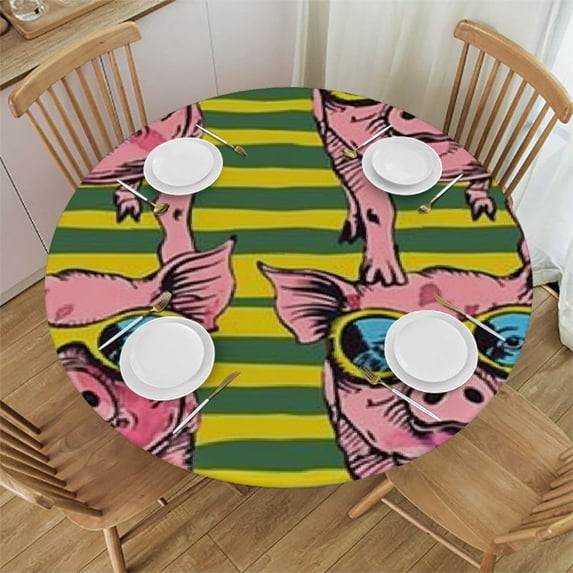 HAOXIT Cute Pink Little Pig Round Tablecloth Yellow Stripe Waterproof Table Cloth Polyester Tablecloth Table Cover for Kitchen Outdoor Party Picnic 46-50