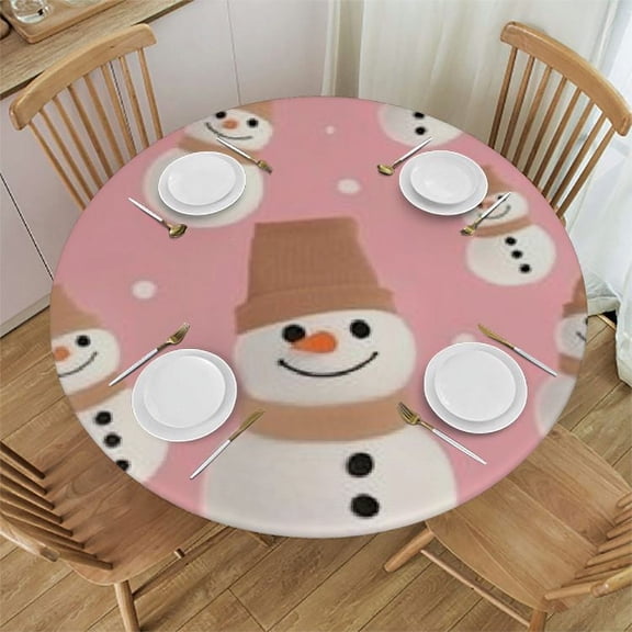 HAOXIT Cute Snowmen and Snowflakes Table Cloth Round Pink Color Reusable Tablecloth  Waterproof Outdoor Tablecloth Table Cover for Kitchen Party Picnic Dining Decor 46-50