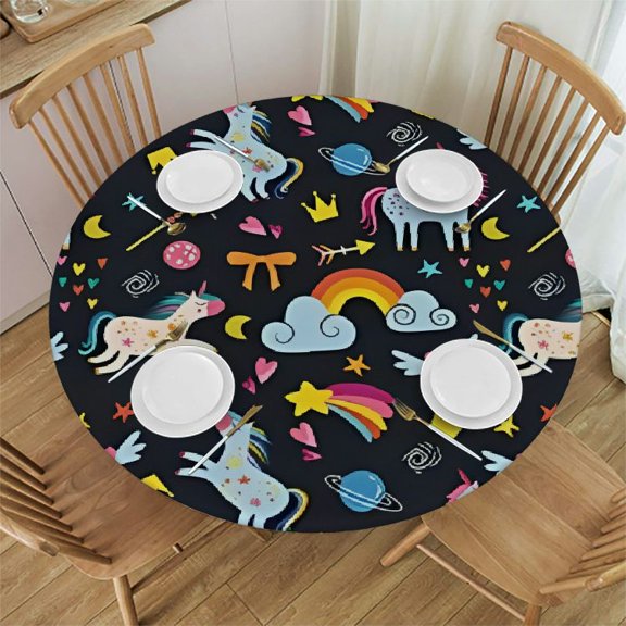 HAOXIT Cute Unicorn Elastic Edged Fitted Round Tablecloth , Waterproof Oil Proof Polyester Table Cloth Decorative Fabric Table Cover for Dining Table 46"-50