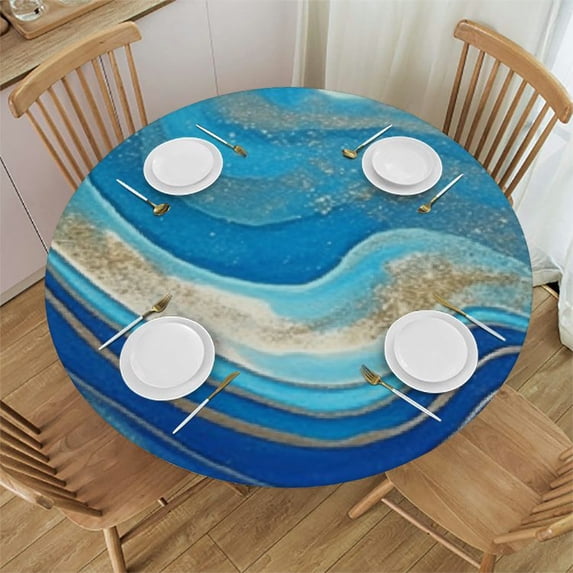 HAOXIT Cyan Round with Elastic Edge Design, Marble Printed Tablecloth for Round Table, Fabric Wrinkle Free Washable Waterproof Round Table Cloth for Dining Room Table 38-42