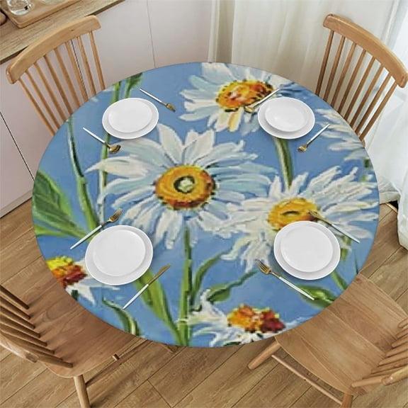 HAOXIT Daisy Print Tablecloth Round Wrinkle Free Farmhouse Spring Floral Tablecloth Suitable for Kitchen Decorantion/Indoor and Outdoor Dining Table/Party/Picnic 38-42