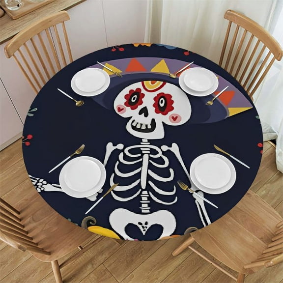 HAOXIT Day of The Dead Mexican Skull Fitted Round Tablecloth Waterproof Table Cloth with Elastic Edge Wipe Clean Table Covers for Indoor Outdoor 31-35