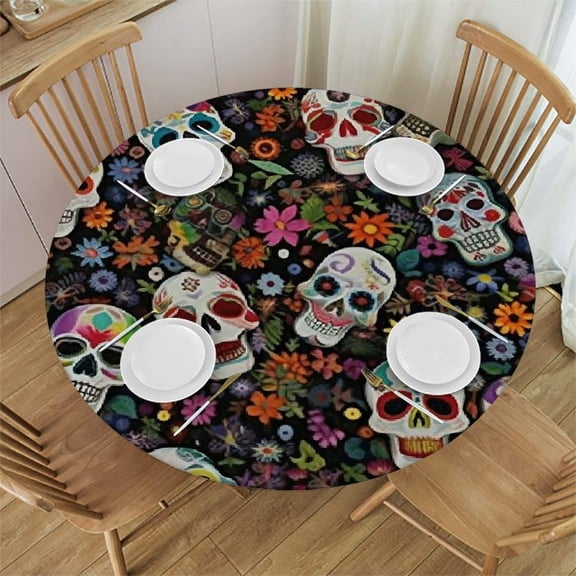 HAOXIT Day of Dead Sugar Skull Halloween Round Tablecloth ,Stain Resistant Washable Polyester Table Cloth with White, Non Slip Decorative Table Cover for Restaurant Dining Table Camping 31-35
