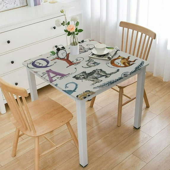 HAOXIT Decorative Elastic Edged Polyester Fitted Table Cover,Cartoon Indoor Outdoor Square Fitted Tablecloth,Childrens Drawing Zoo Alphabet Print Fitted Table Pad, Fit Square Table White